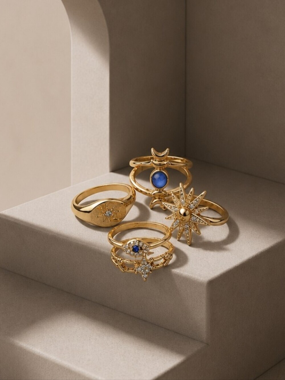 Gold Starburst and Gemstone Ring Set - Women Jewelry